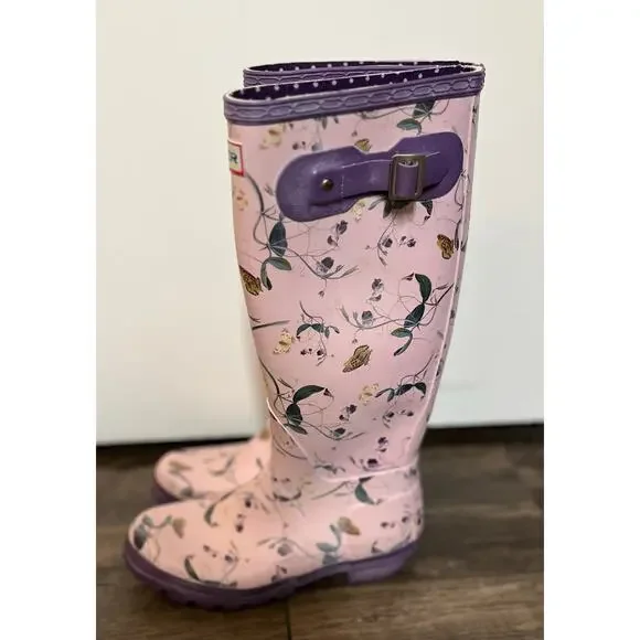 Hunter Wellington Floral Butterfly Rain Boots Purple Sz 7F Cottagecore Whimsical - Picture 4 of 8